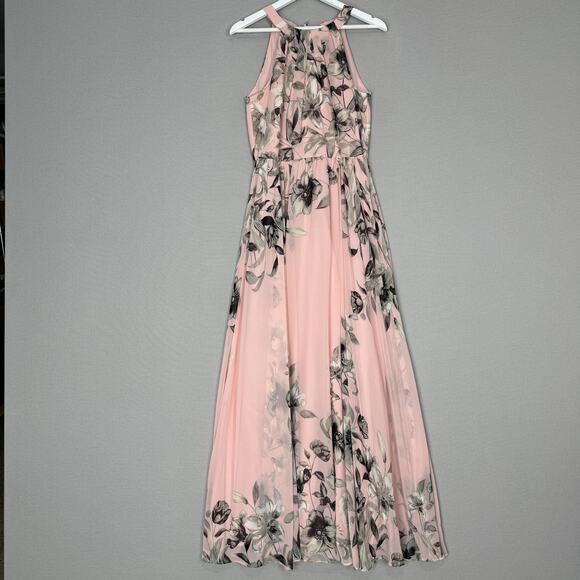 Eliza J Dress Womens 10 Pink Floral Belted Chiffon Halter Maxi Wedding Guest - Picture 2 of 15